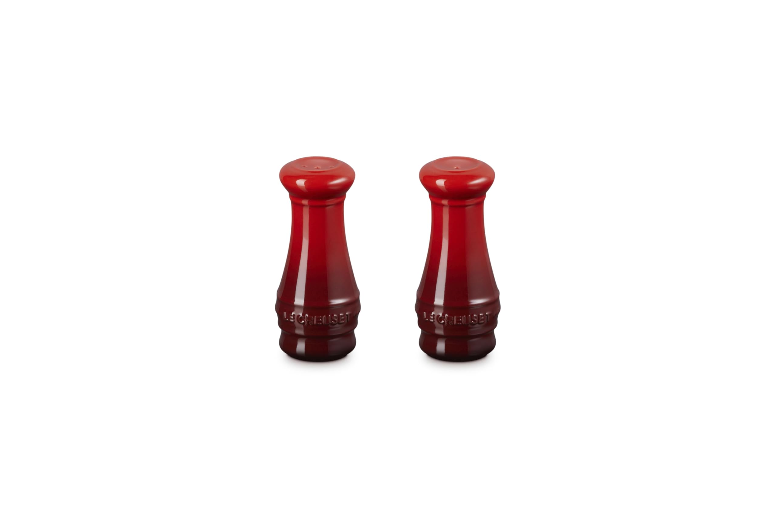 Le Creuset salt and pepper shakers Cerise, front view, durable enamel finish.