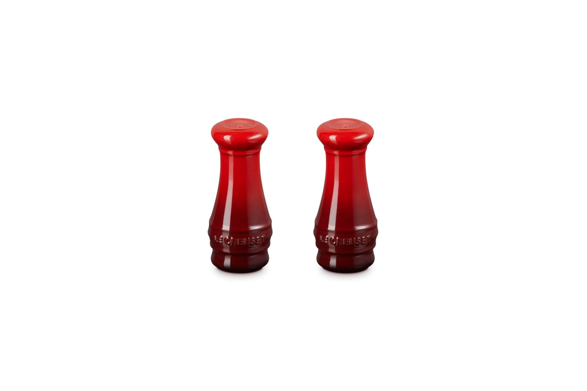 Le Creuset salt and pepper shakers Cerise, front view, durable enamel finish.