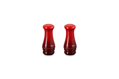 Le Creuset salt and pepper shakers Cerise, front view, durable enamel finish.