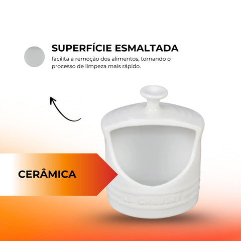 Le Creuset salt crock impermeable enamel resists stains and utensil scratches.