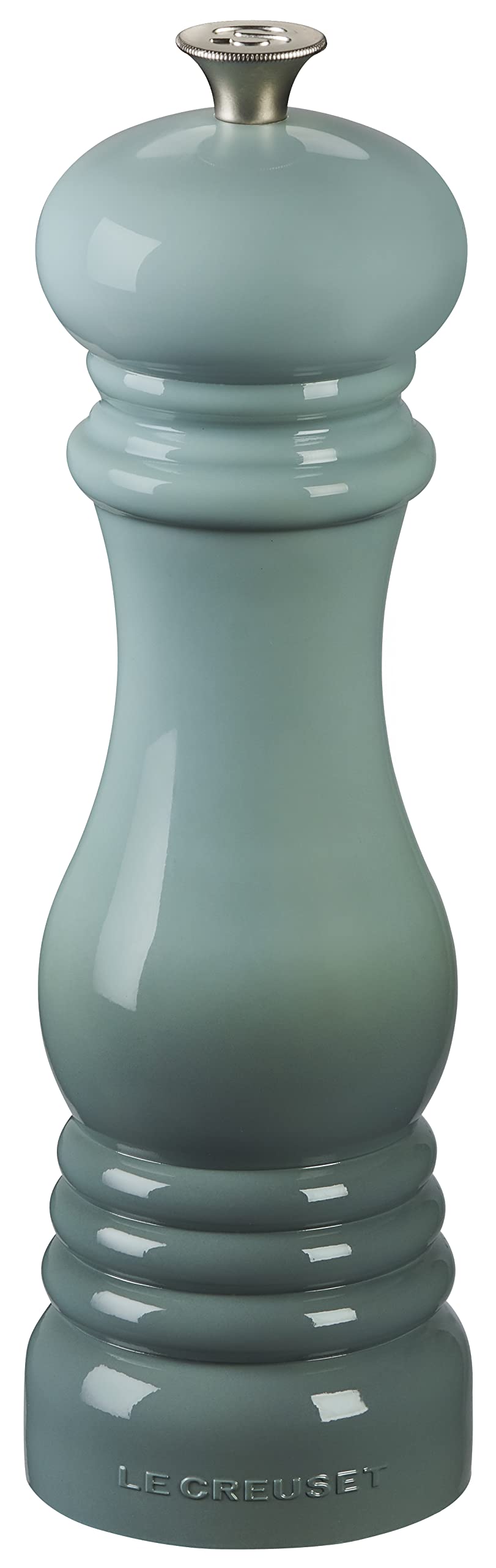 Le Creuset salt mill 8-inch sea salt with durable stoneware and easy-to-clean finish.