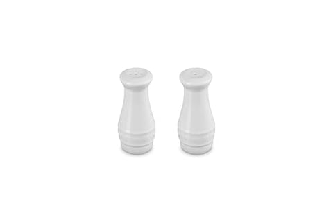 Le Creuset white salt and pepper shakers—top view, enamel finish resists odors and stains.