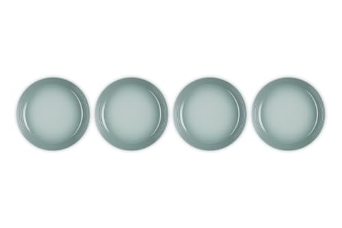 Le Creuset Sea Salt pasta bowls stacked neatly save cabinet space and reveal a smooth glaze.
