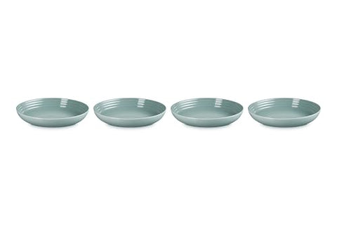 Le Creuset Sea Salt glaze close-up highlights nonporous surface resisting chips and stains.