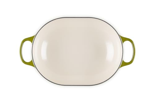 Le Creuset oval casserole olive with lid off ready for roasts and sharing