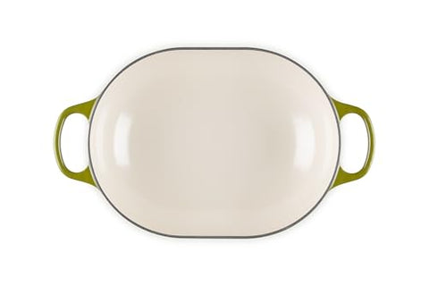 Le Creuset oval casserole olive with lid off ready for roasts and sharing