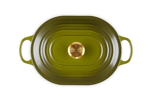 Le Creuset oval casserole olive with lid on demonstrating moisture sealing performance