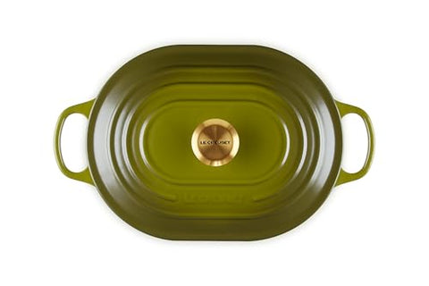 Le Creuset oval casserole olive with lid on demonstrating moisture sealing performance
