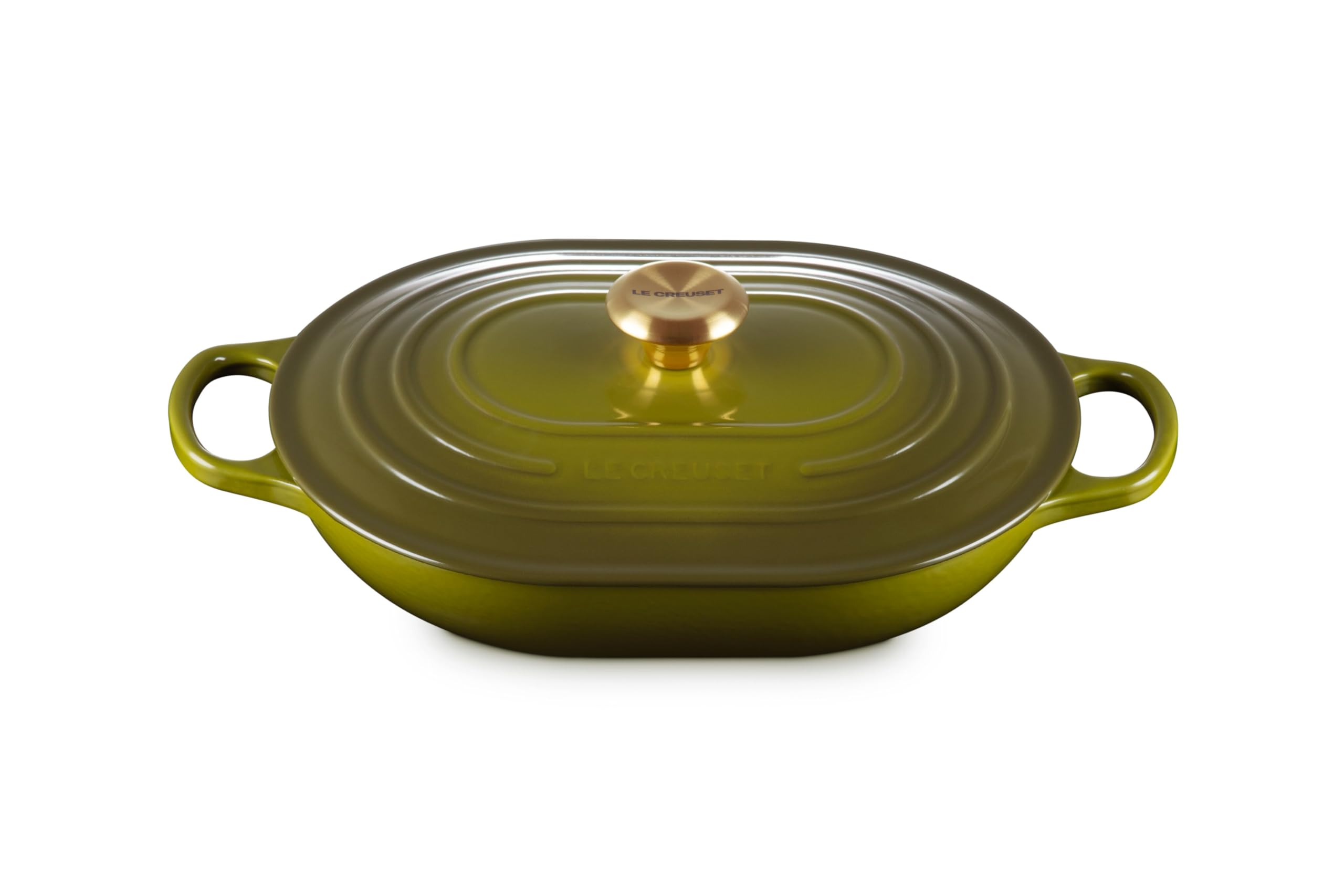 Le Creuset Signature oval casserole olive outside view showing heat-retentive design for even cooking
