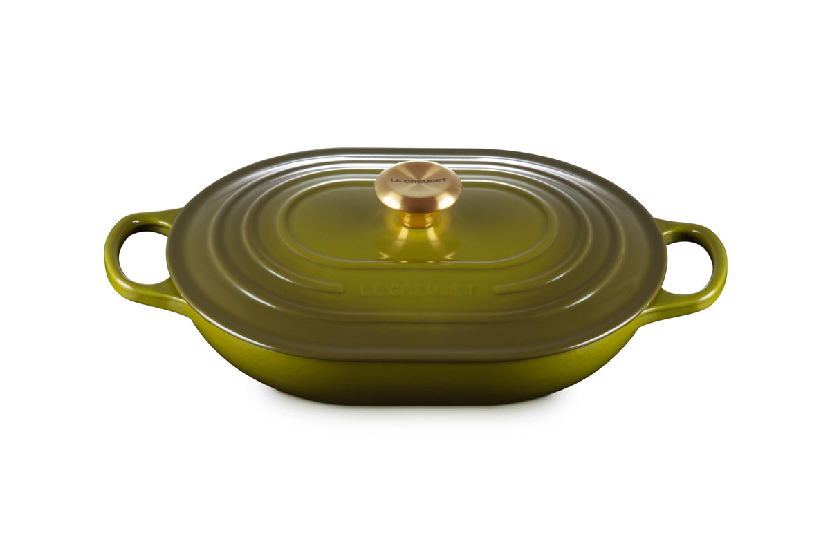 Le Creuset Signature oval casserole olive outside view showing heat-retentive design for even cooking