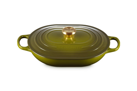 Le Creuset Signature oval casserole olive outside view showing heat-retentive design for even cooking