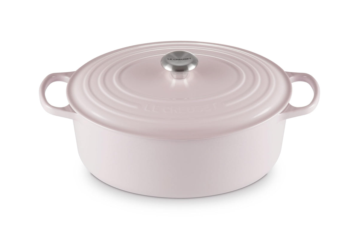 Le Creuset Signature oval Dutch Oven exterior in Shallot, durable enamel for daily cooking.