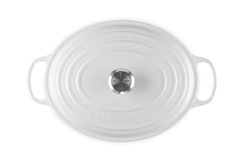 Le Creuset Signature Oval Dutch Oven lid close-up with robust knob design for oven to table use