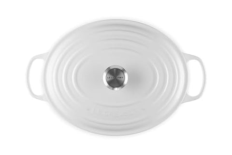 Le Creuset Signature Oval Dutch Oven lid close-up with robust knob design for oven to table use
