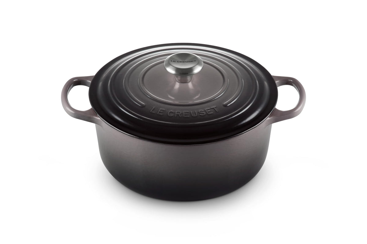 Le Creuset Signature Round Dutch Oven Oyster exterior shows vibrant color and heat retention.