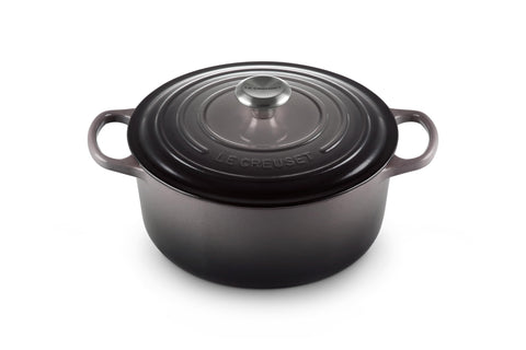 Le Creuset Signature Round Dutch Oven Oyster exterior shows vibrant color and heat retention.