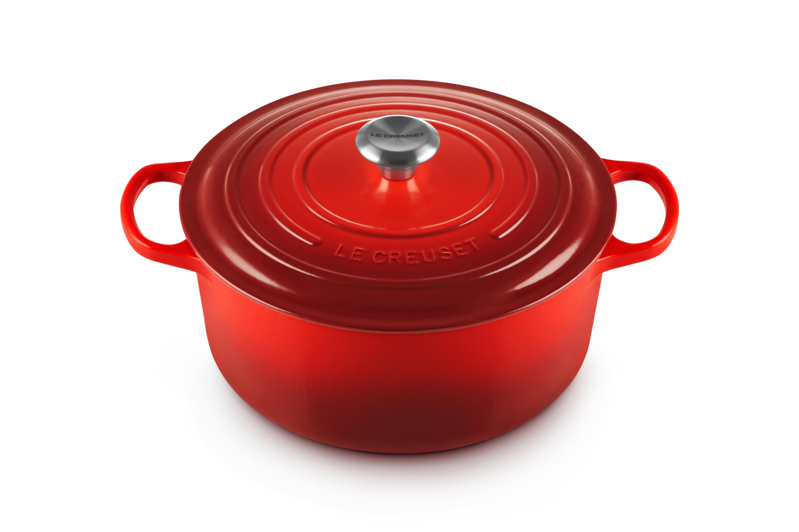 Le Creuset Signature Round Dutch Oven Cerise exterior adds vibrant color to the kitchen
