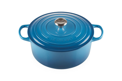 Le Creuset Signature round Dutch Oven Marseille exterior highlights vibrant enamel for even heating