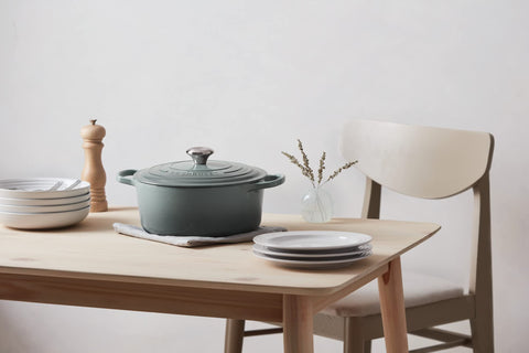 Close-up of ergonomic handle on Le Creuset Dutch Oven Sea Salt