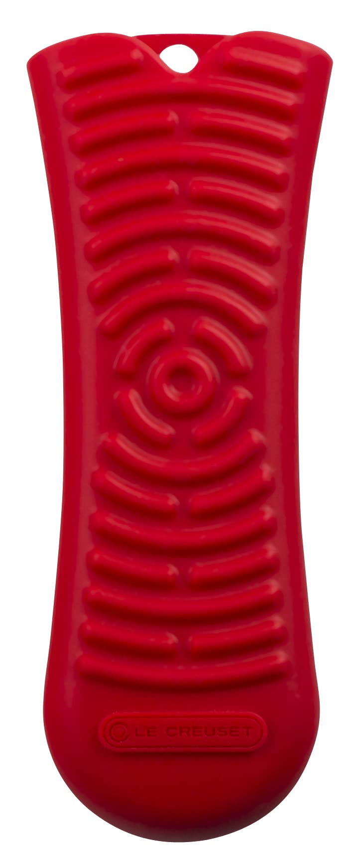 Le Creuset silicone Cool Tool handle in cerise offers a secure grip on hot cookware.