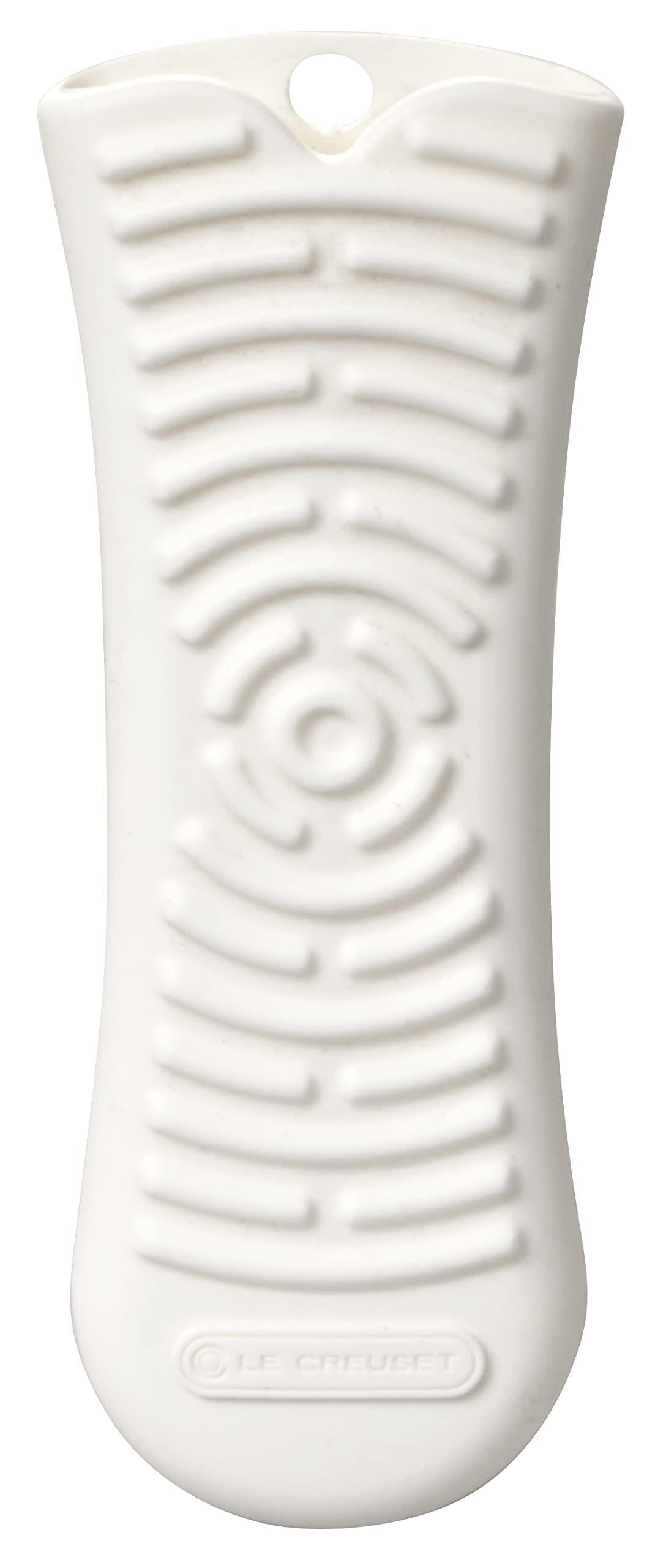 Le Creuset Cool Tool silicone handle sleeve on a white 5.75-inch handle protects hands during transfers