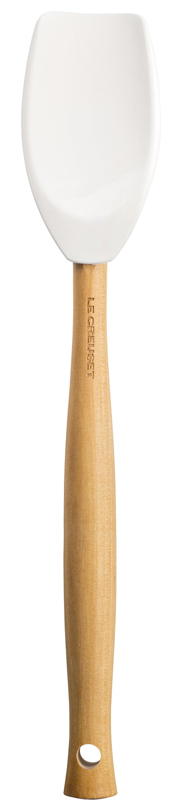 Le Creuset silicone craft series spatula spoon white large ergonomic handle for comfortable flipping.