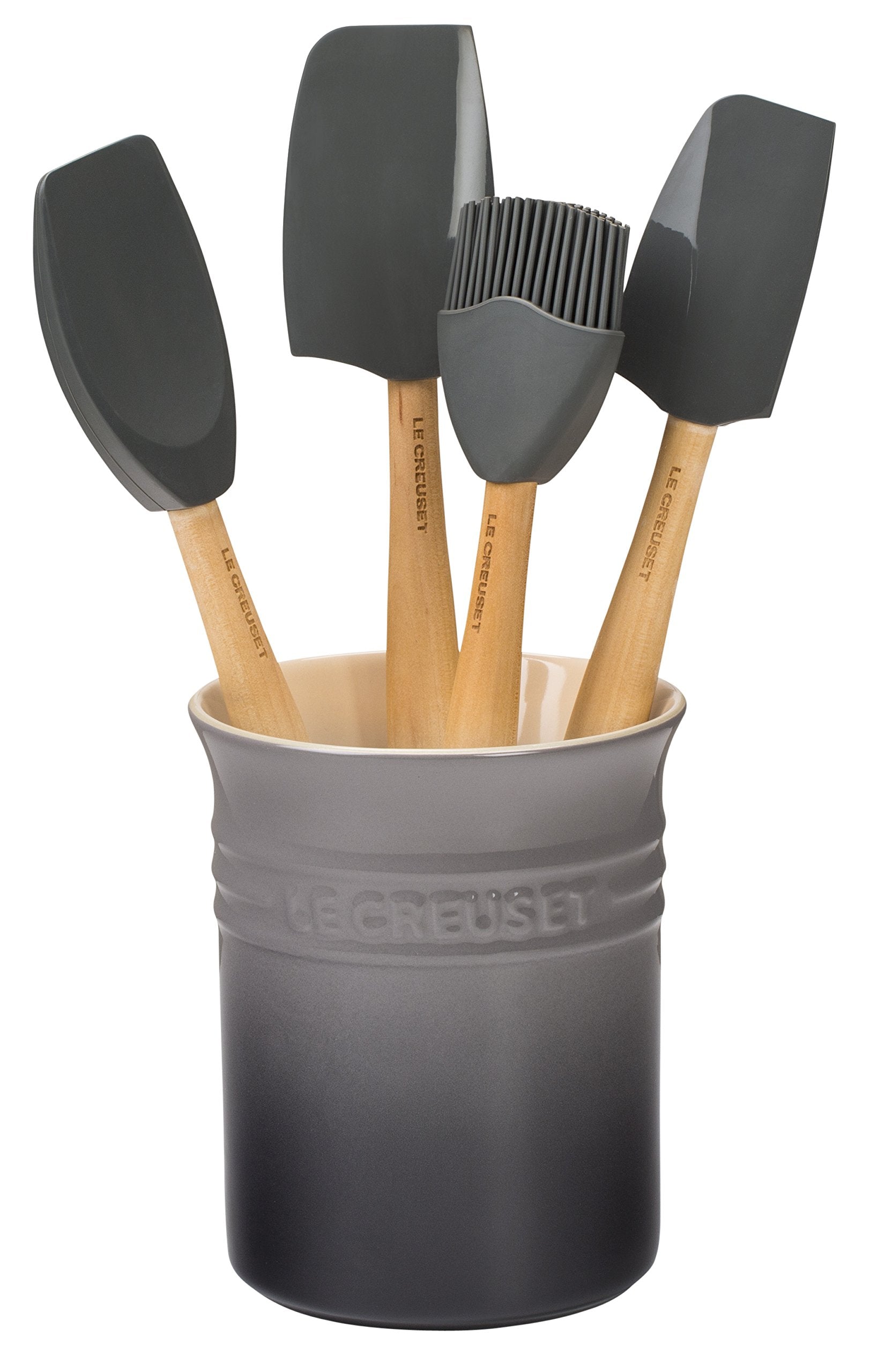 Le Creuset Silicone Craft Series Utensil Set with stoneware crock keeps tools organized and accessible