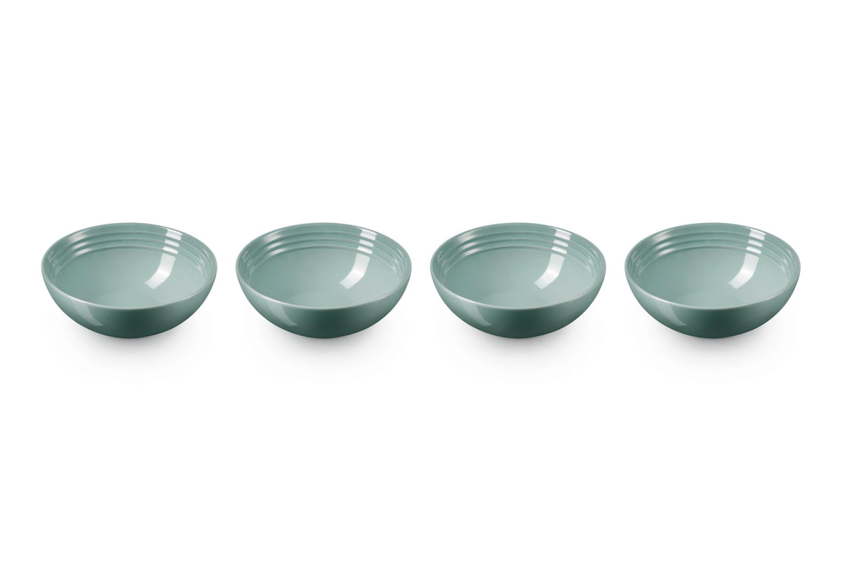 Le Creuset Sea Salt soup bowls four-pack front view showing color and size