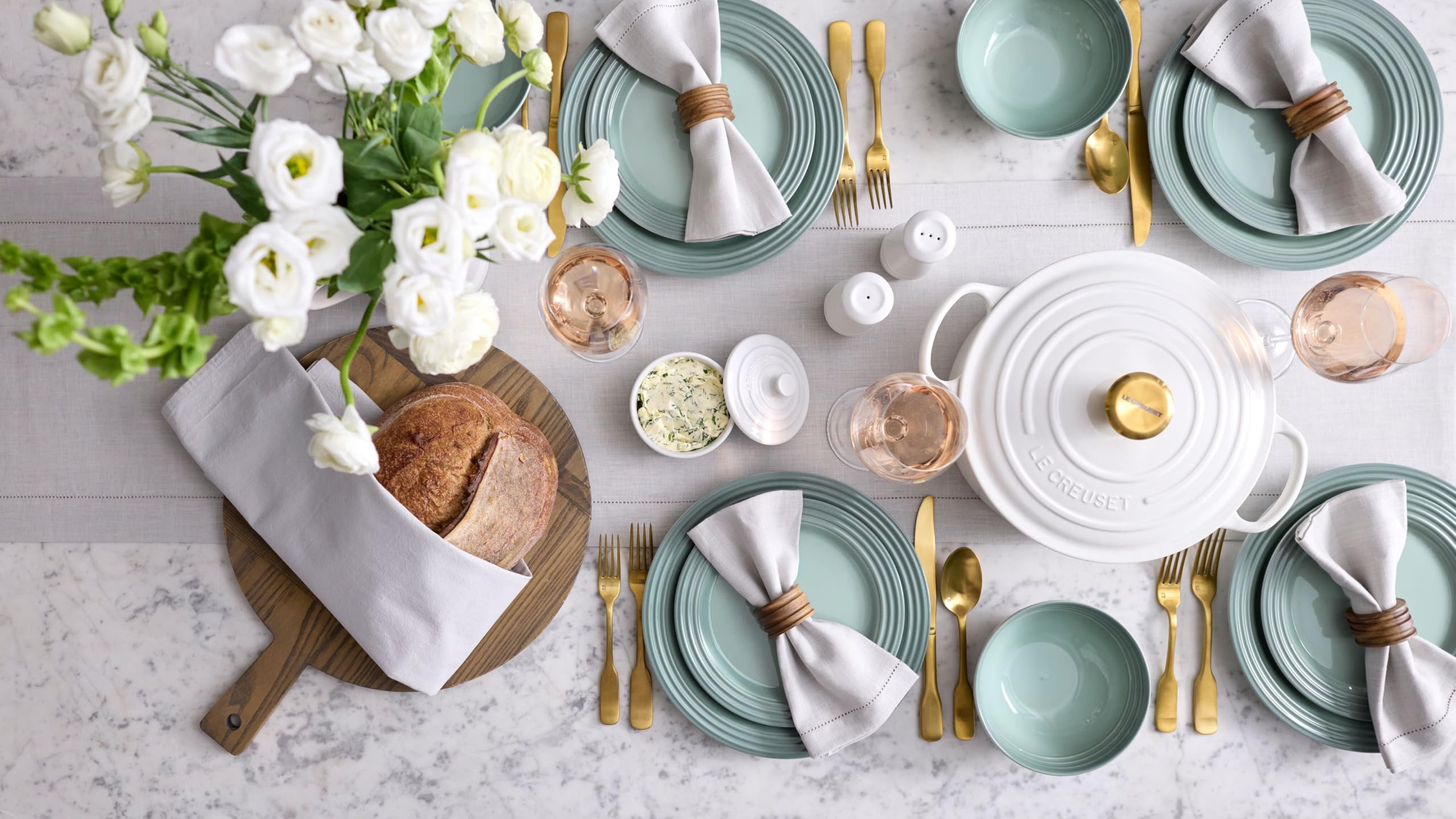 Le Creuset Sea Salt bowls with secure grip on serving edge
