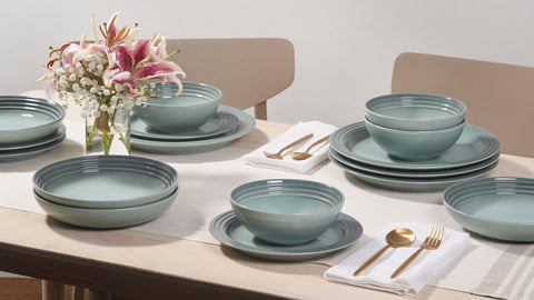 Stacked Le Creuset Sea Salt bowls illustrating compact storage