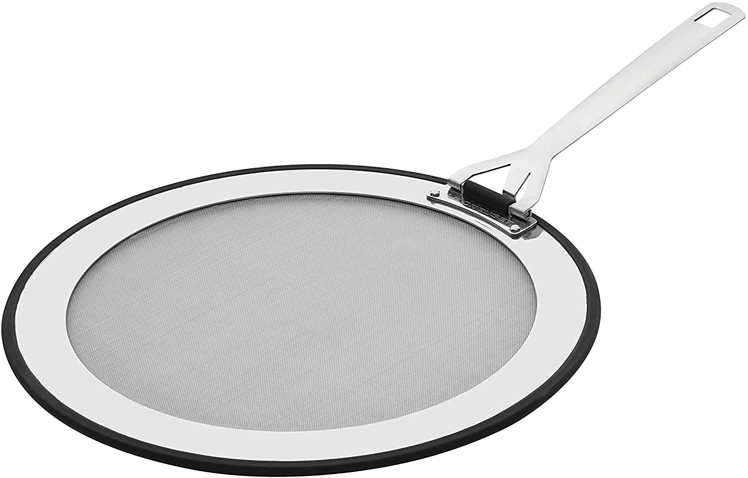 Le Creuset foldable-handle splatter guard with hanging loop for storage.