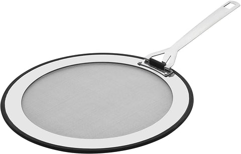 Le Creuset foldable-handle splatter guard with hanging loop for storage.