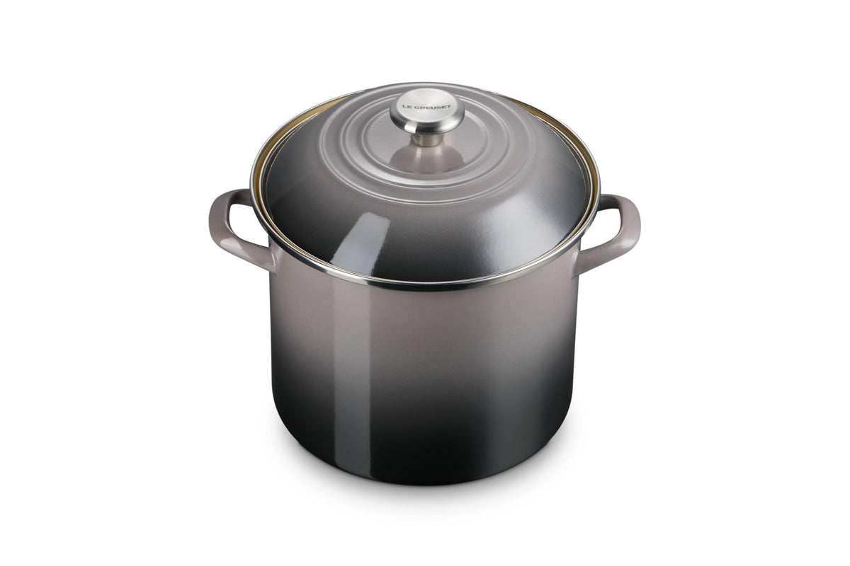 Le Creuset stockpot exterior in oyster finish shows a durable, easy-care cooking essential.
