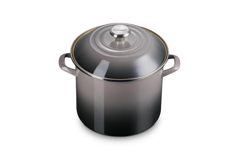 Le Creuset stockpot exterior in oyster finish shows a durable, easy-care cooking essential.
