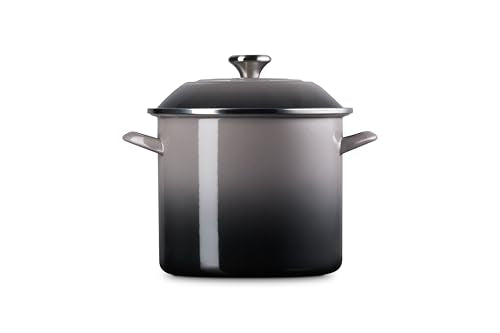Le Creuset stockpot top view with lid highlights wide mouth for quick stirring.
