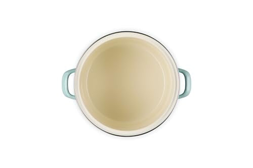 Le Creuset Sea Salt stockpot with a cool stainless steel knob for safe handling.
