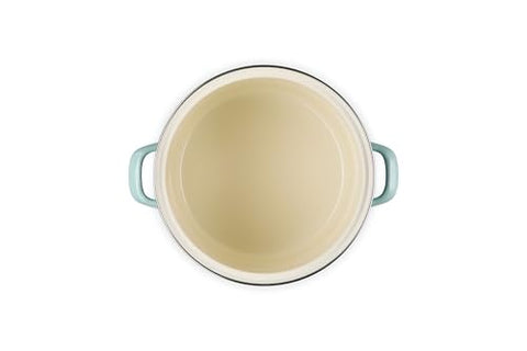 Le Creuset Sea Salt stockpot with a cool stainless steel knob for safe handling.