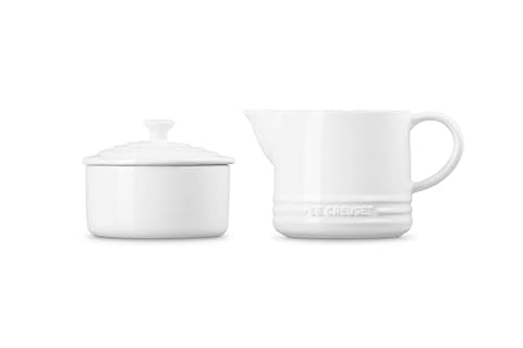 Le Creuset stoneware set in white glaze adds elegance and practicality