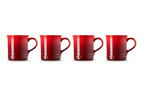 Le Creuset Cerise stoneware mugs stacked for compact storage