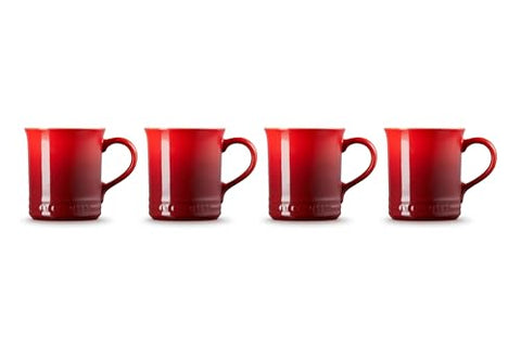 Le Creuset Cerise stoneware mugs stacked for compact storage