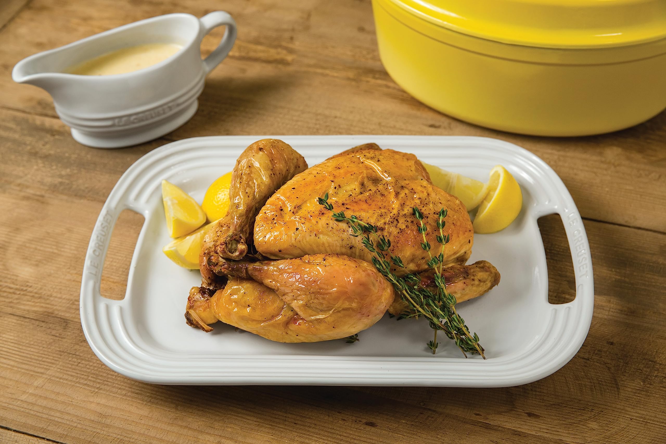 Le Creuset dish with lid stored in fridge for leftovers