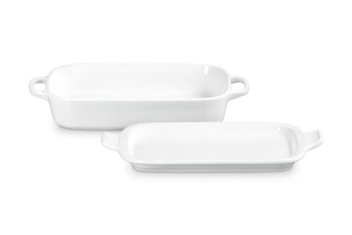 Le Creuset dish with lid open in white, showing dual-use storage and serving
