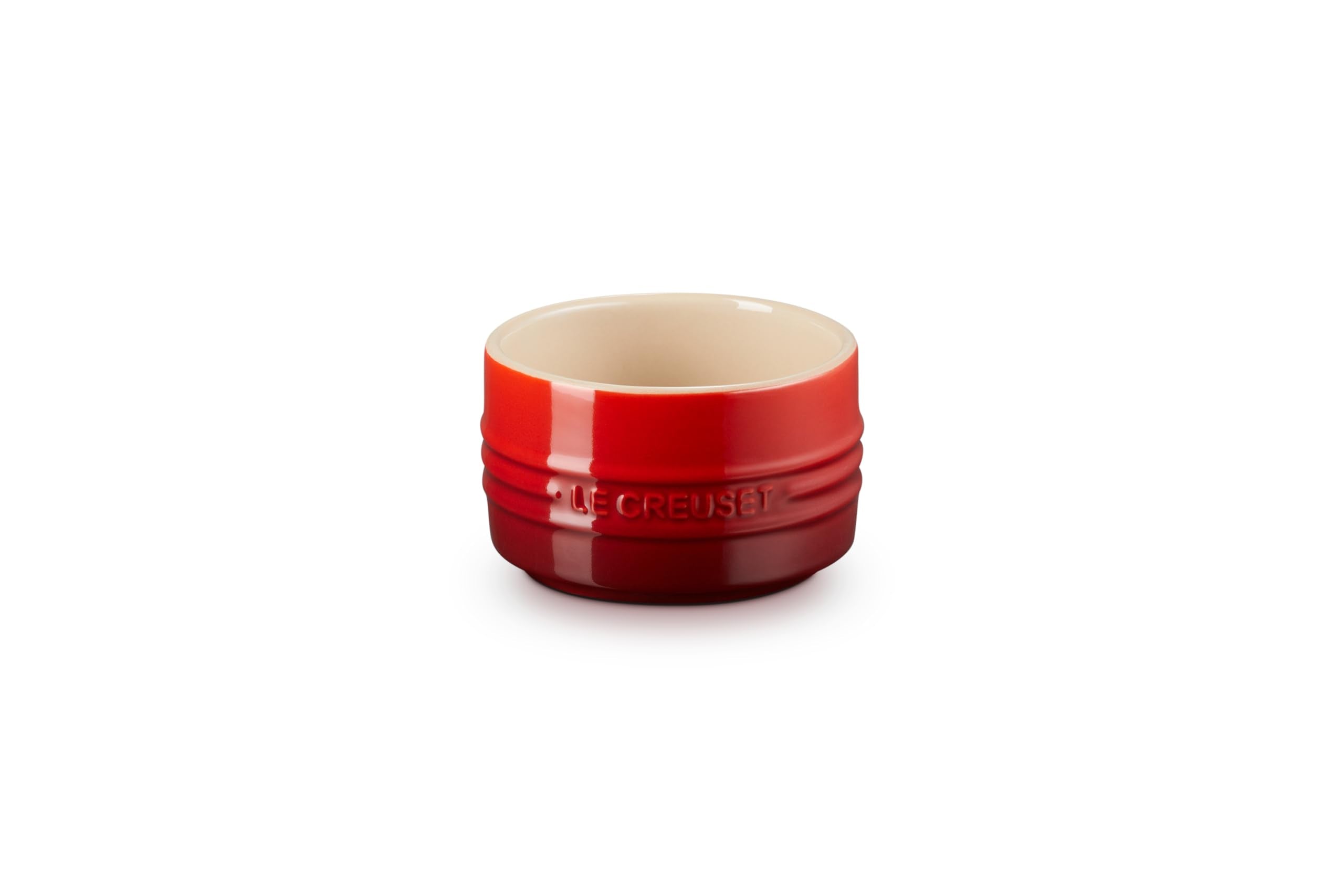 Le Creuset round ramekin Cerise close up shows durable glaze for easy release