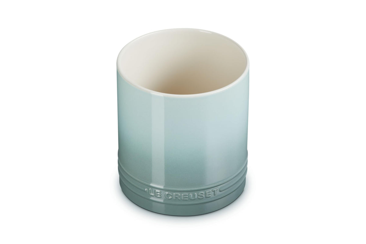 Le Creuset stoneware signature straight-wall utensil crock Sea Salt keeps tools organized.