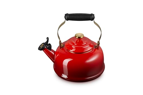 Le Creuset kettle Cerise, whistle closeup highlighting boil alert
