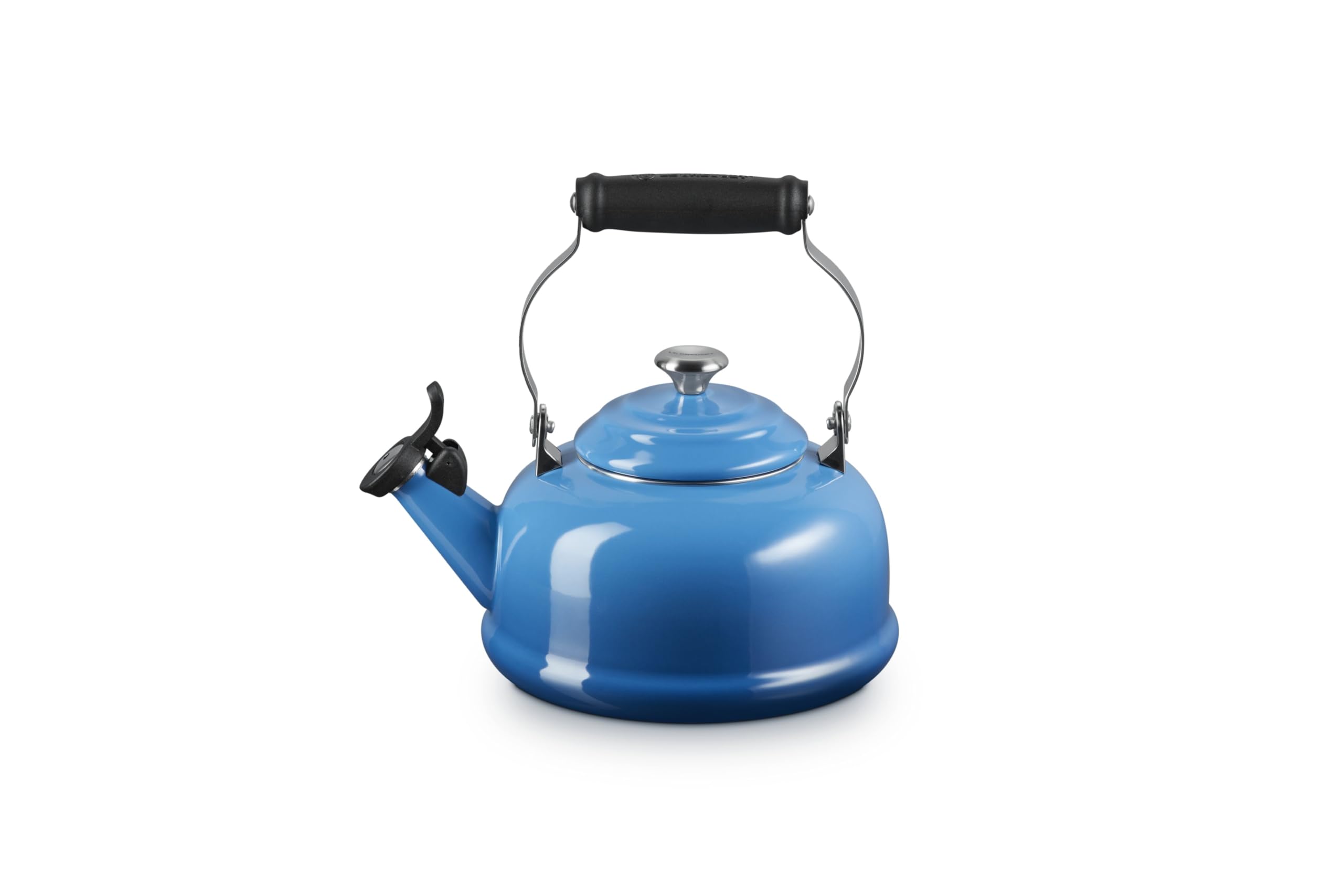 Le Creuset Marseille tea kettle side view highlights vibrant enamel and quick-boil performance.