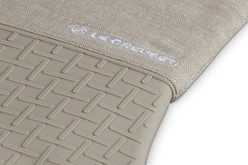 Le Creuset Textile Oven Mitt demonstrates silicone grip for secure handling.