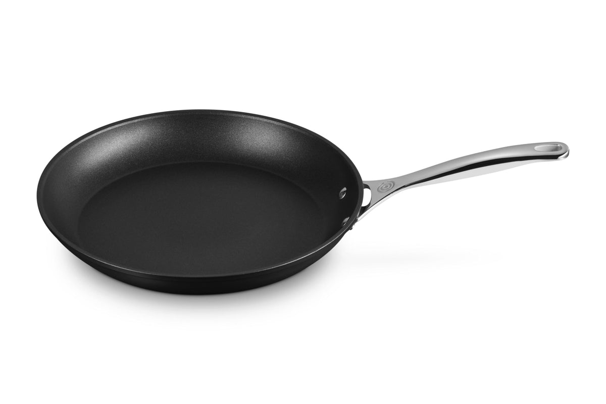 Le Creuset Toughened Nonstick PRO 12-inch pan from top view highlights sturdy construction and even heat distribution