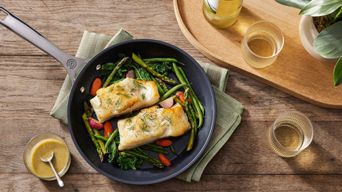Le Creuset Toughened Nonstick PRO Fry Pan 8-in tempered glass lid compatibility for oven use.
