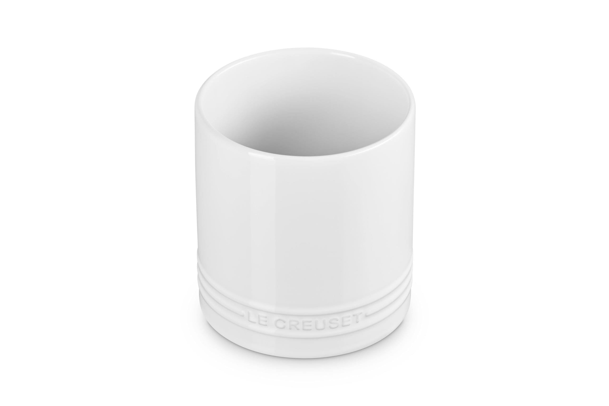 Le Creuset utensil crock 1qt white on countertop highlights easy access and organized workspace.